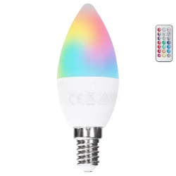 Żarówka LED świeczka C37 E14 4.8W RGB+3000K kolorowa ciepła z pilotem